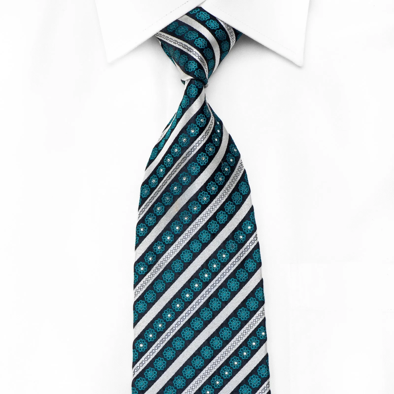 Renoma Men's Crystal Rhinestone Silk Necktie Silver Blue Striped With Silver Sparkles