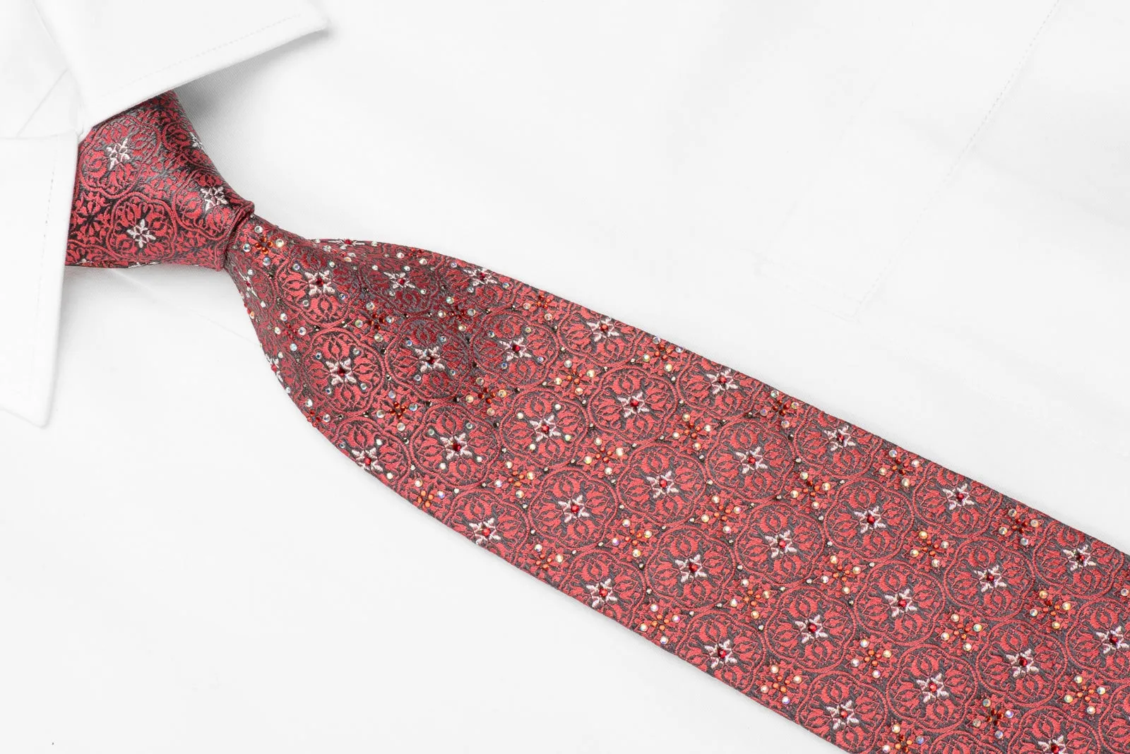 Renoma Men's Crystal Silk Necktie Silver Cartouche On Pink With Silver Sparkles