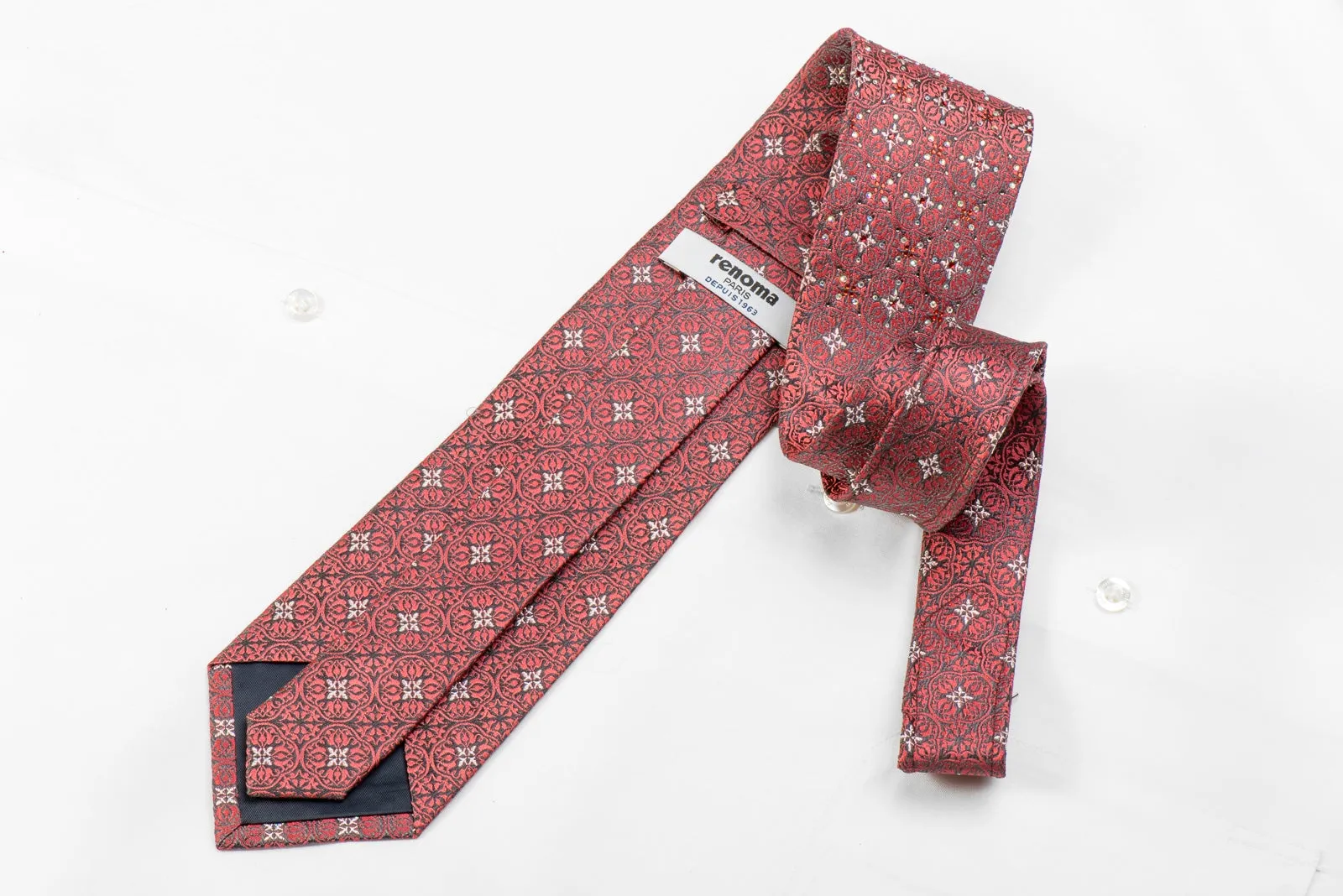 Renoma Men's Crystal Silk Necktie Silver Cartouche On Pink With Silver Sparkles