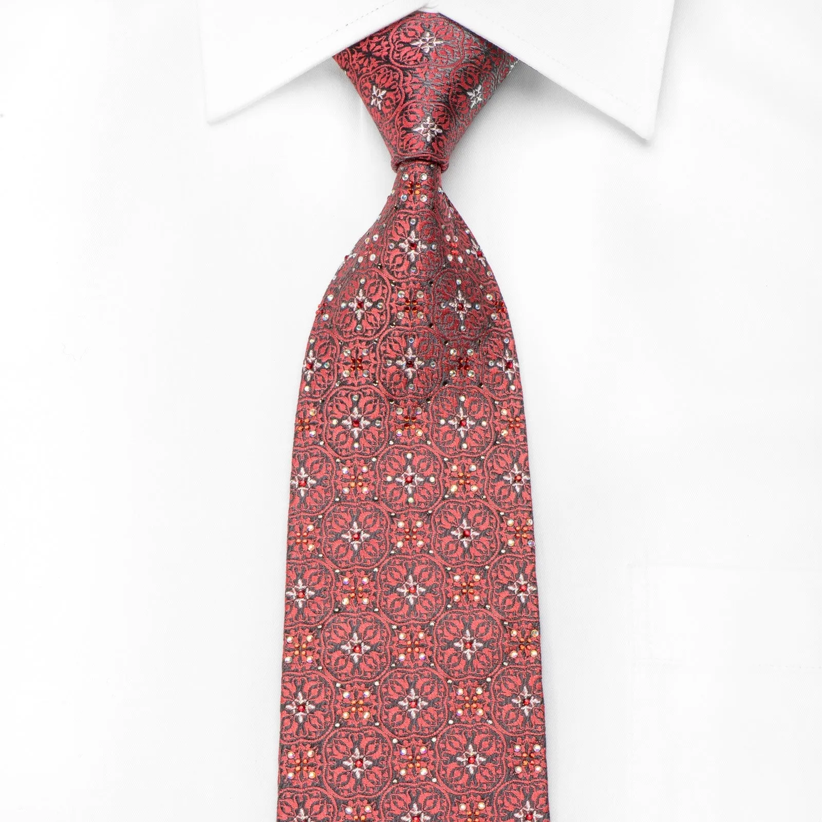 Renoma Men's Crystal Silk Necktie Silver Cartouche On Pink With Silver Sparkles