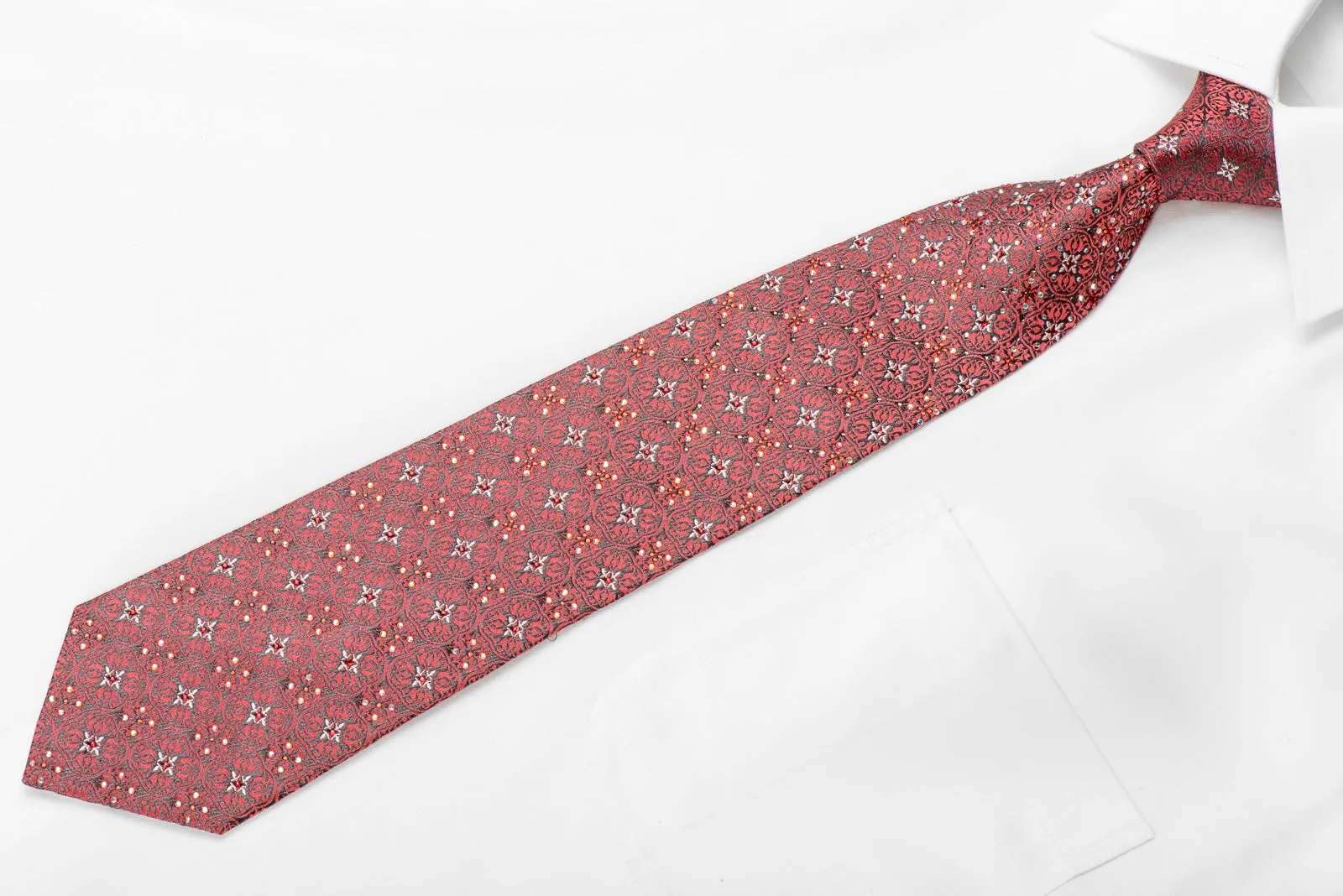 Renoma Men's Crystal Silk Necktie Silver Cartouche On Pink With Silver Sparkles