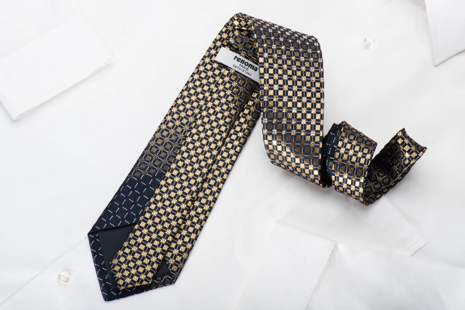 Renoma Rhinestone Necktie Golden Checker On Navy With Silver Sparkles