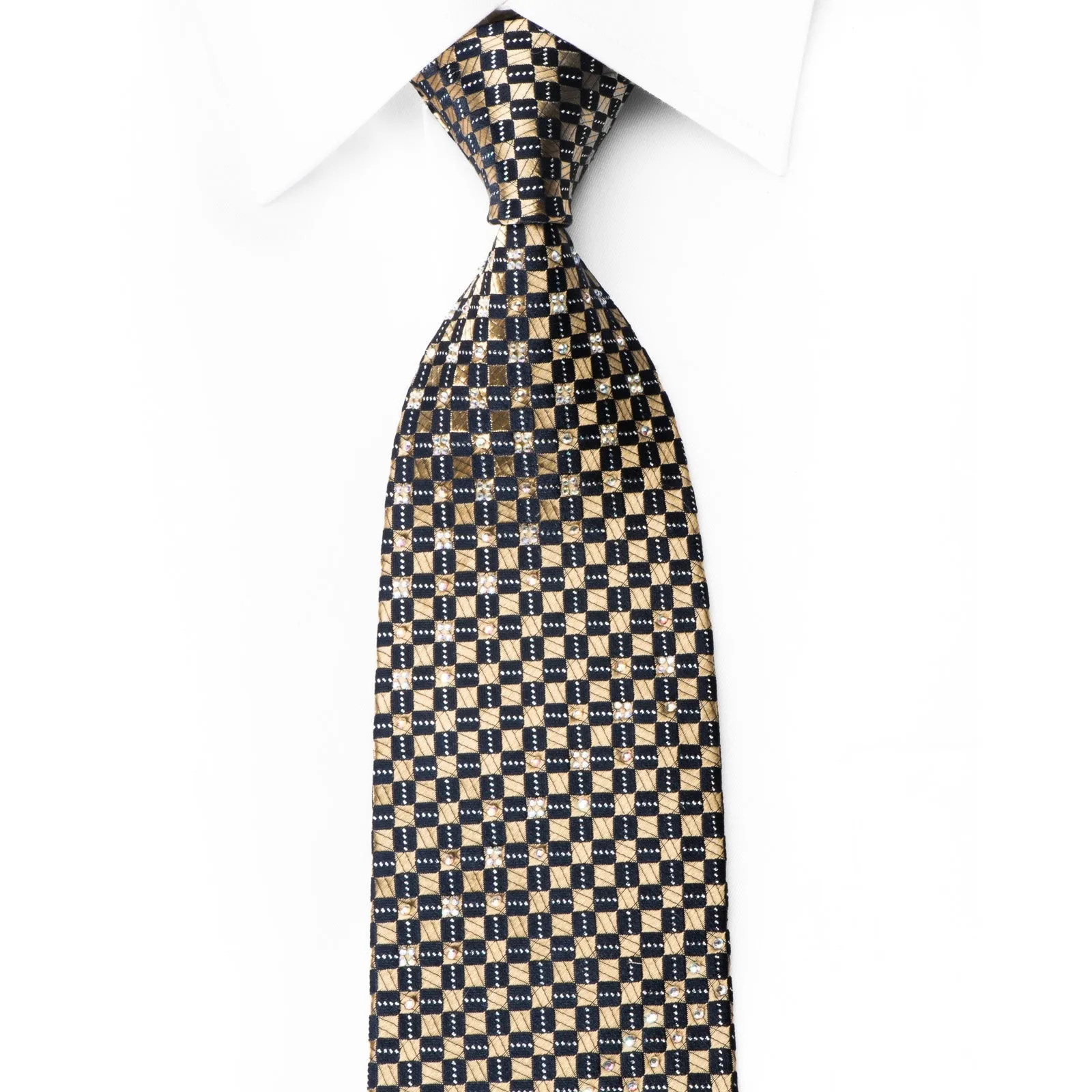 Renoma Rhinestone Necktie Golden Checker On Navy With Silver Sparkles