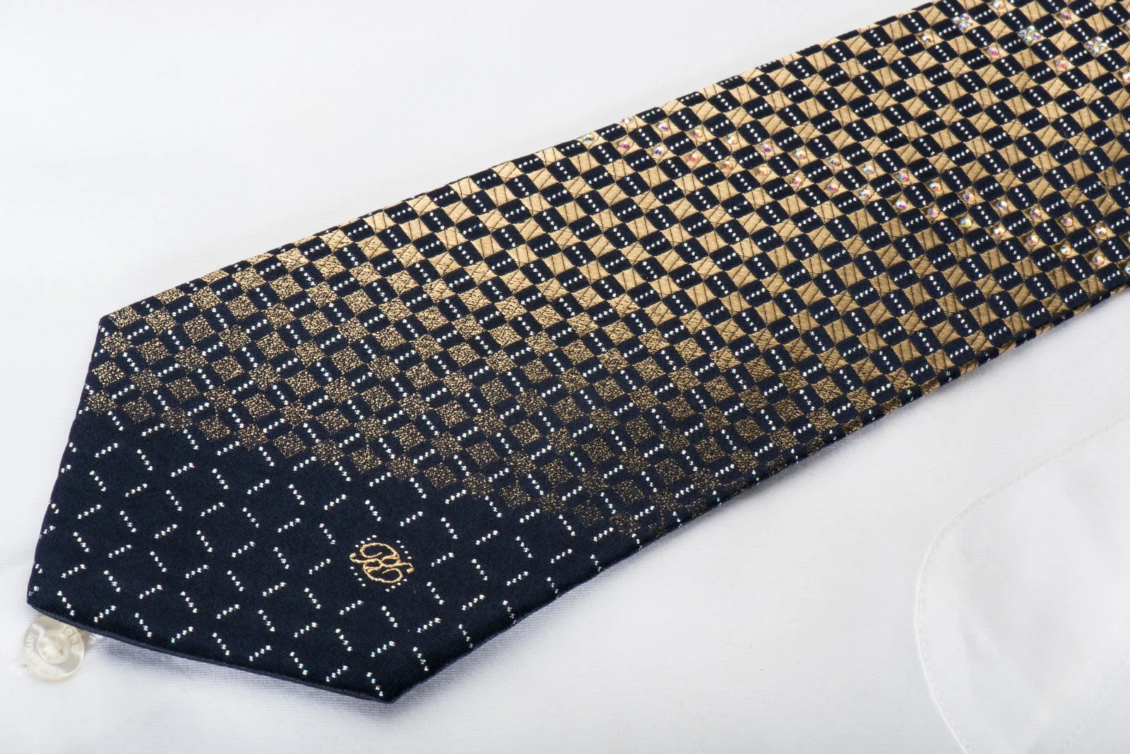 Renoma Rhinestone Necktie Golden Checker On Navy With Silver Sparkles
