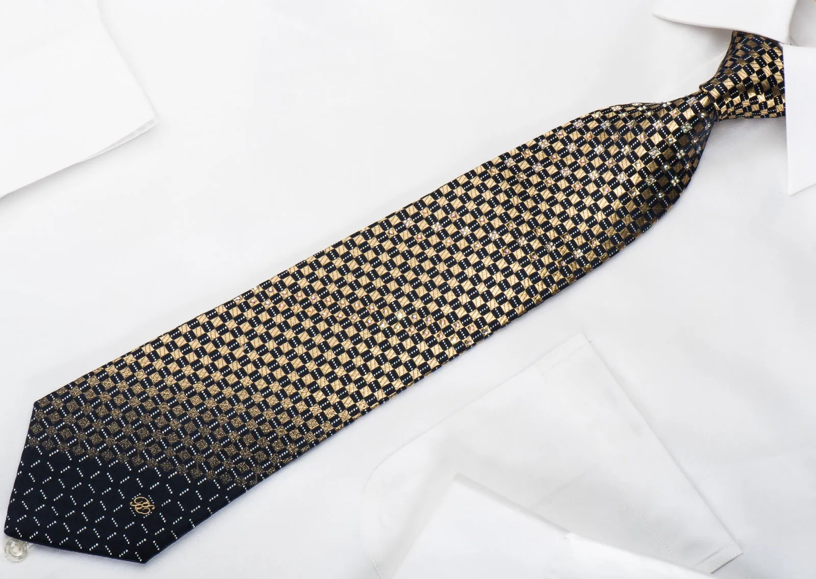 Renoma Rhinestone Necktie Golden Checker On Navy With Silver Sparkles