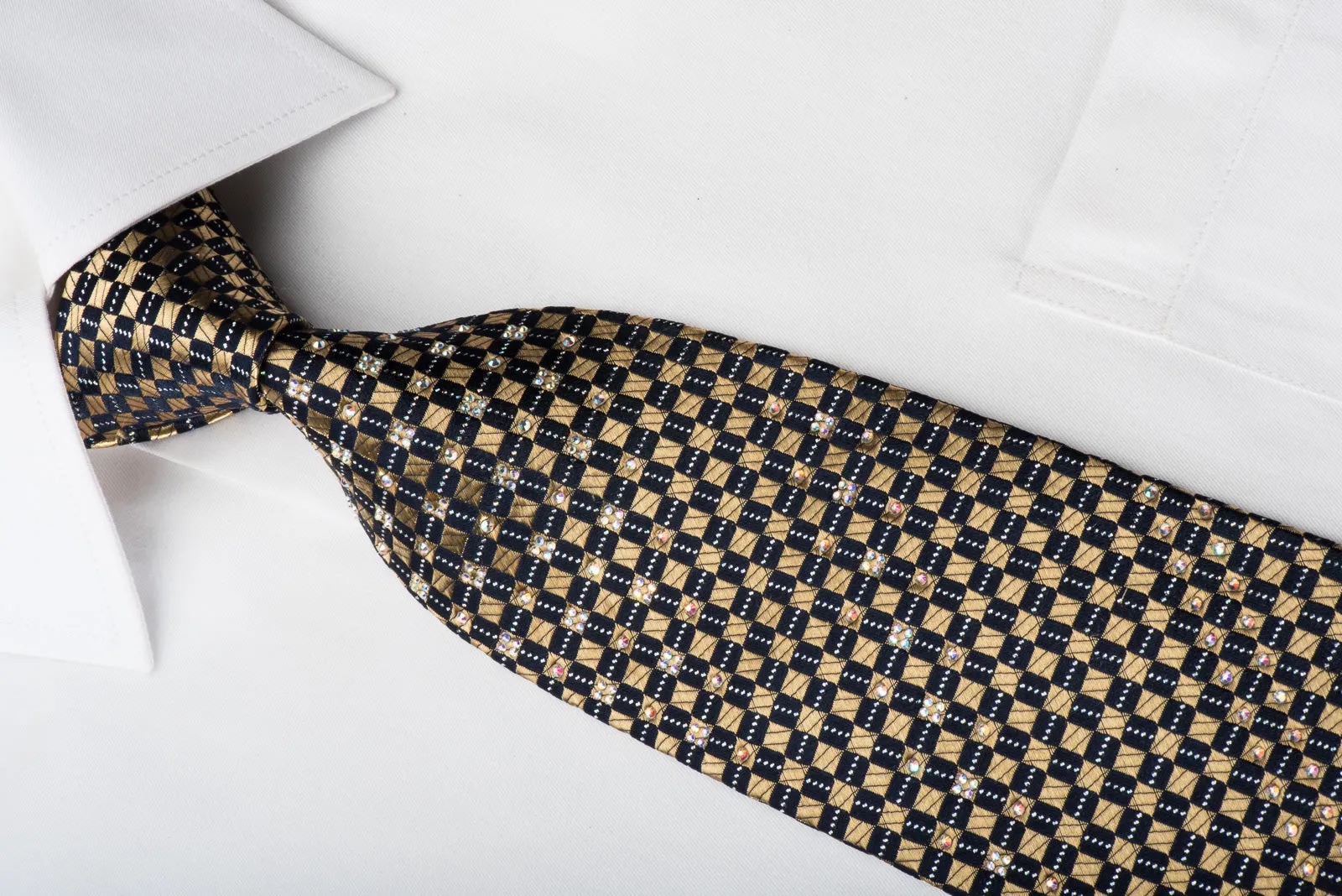 Renoma Rhinestone Necktie Golden Checker On Navy With Silver Sparkles