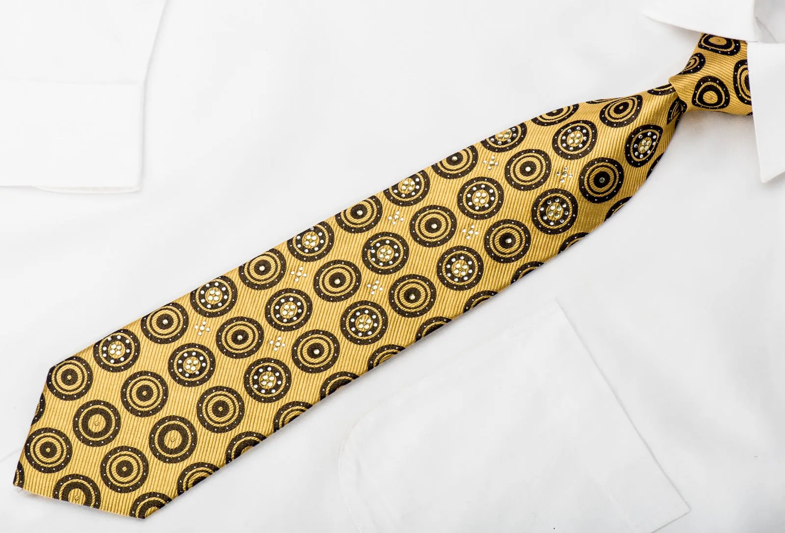 Rogers Dail Mens Rhinestone Necktie Black Medallions On Gold With Silver Sparkles