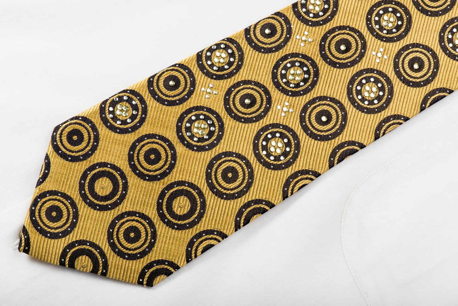 Rogers Dail Mens Rhinestone Necktie Black Medallions On Gold With Silver Sparkles