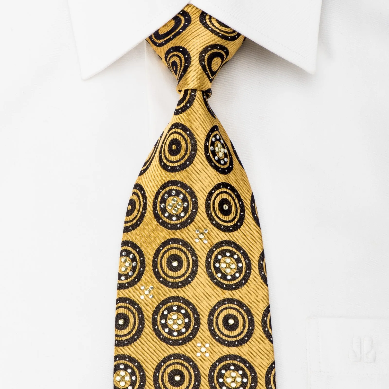 Rogers Dail Mens Rhinestone Necktie Black Medallions On Gold With Silver Sparkles