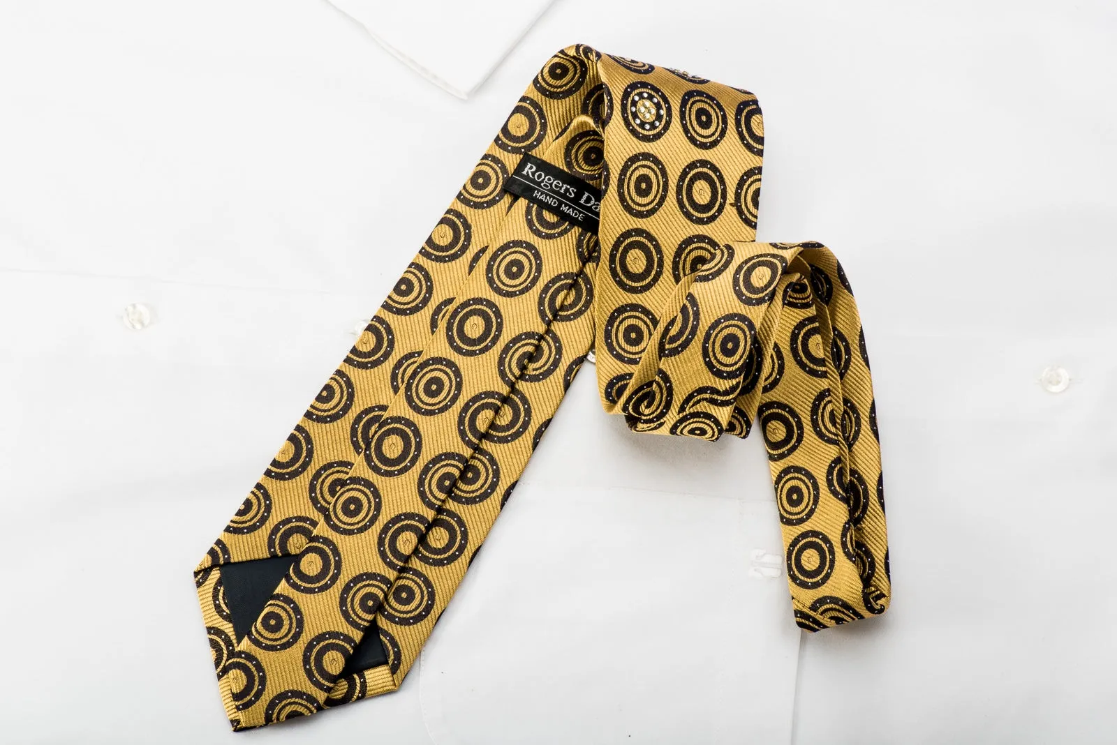 Rogers Dail Mens Rhinestone Necktie Black Medallions On Gold With Silver Sparkles