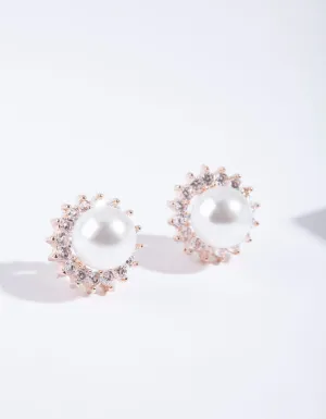 Rose Gold Cubic Zirconia Stone Pave Peal Stud Earring