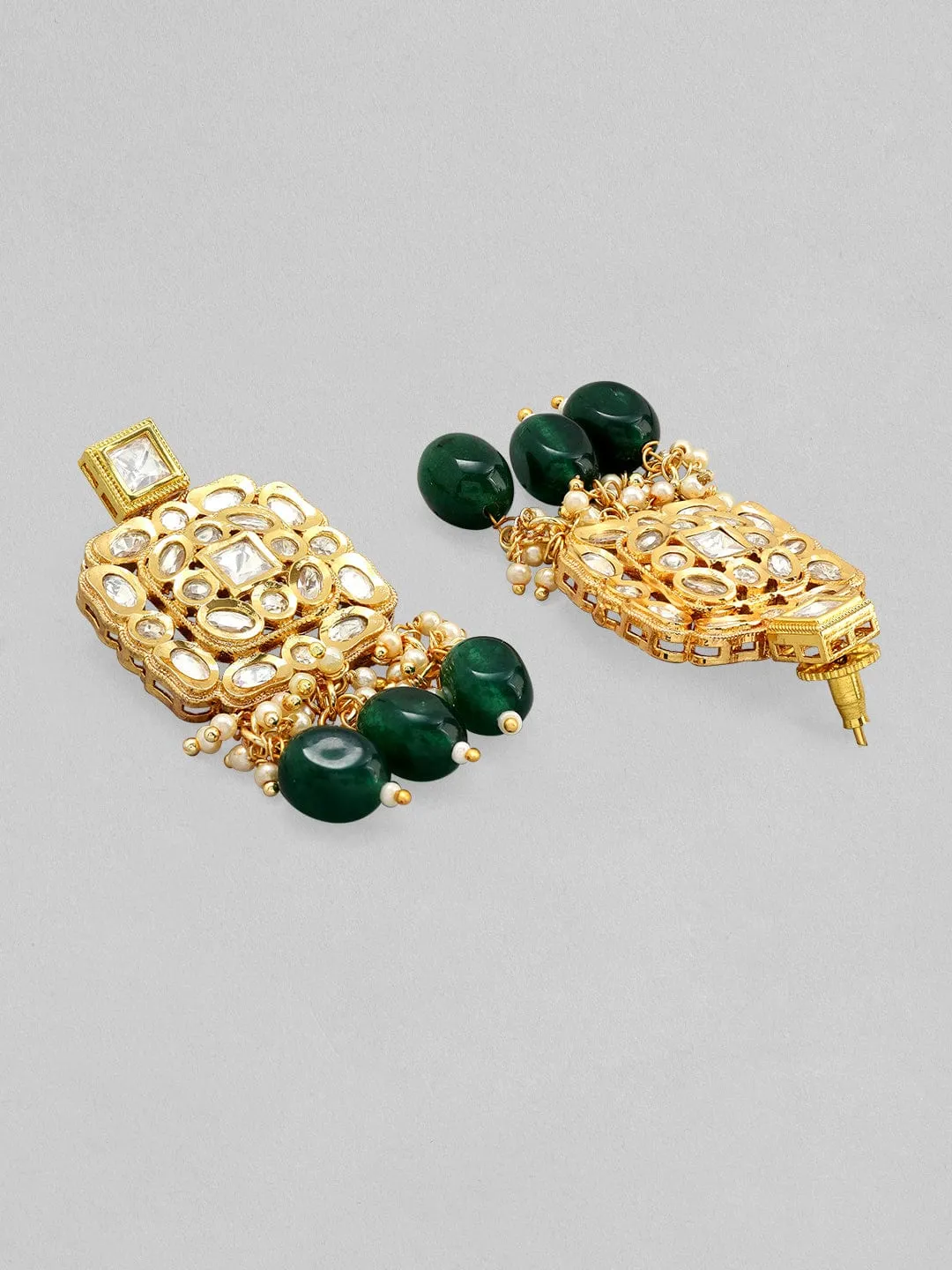 Rubans 22K Gold Plated Kundan Polki Necklace Set With Green Beads Design
