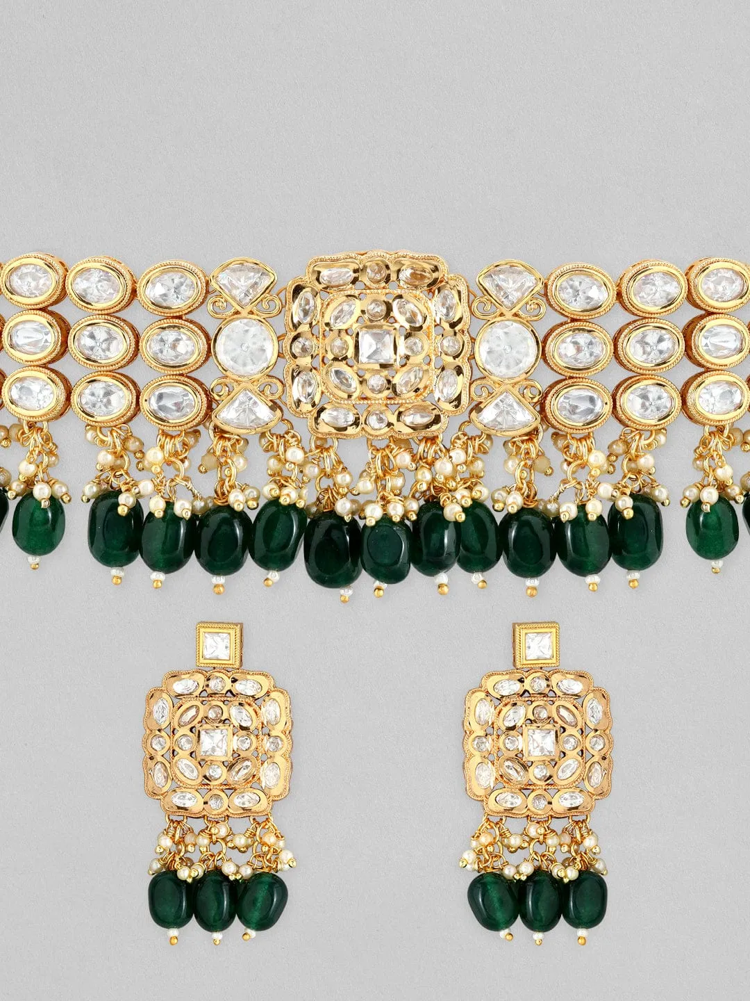 Rubans 22K Gold Plated Kundan Polki Necklace Set With Green Beads Design