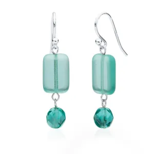 Seaglass Teal Glass Beaded Crystal Dangle Earrings