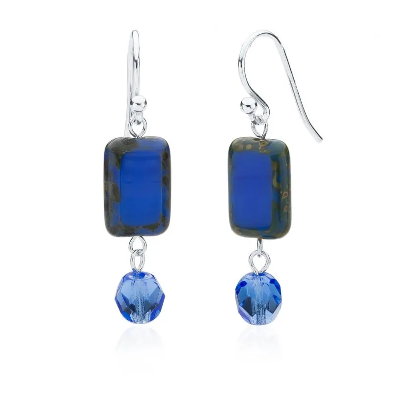 Seaglass Teal Glass Beaded Crystal Dangle Earrings