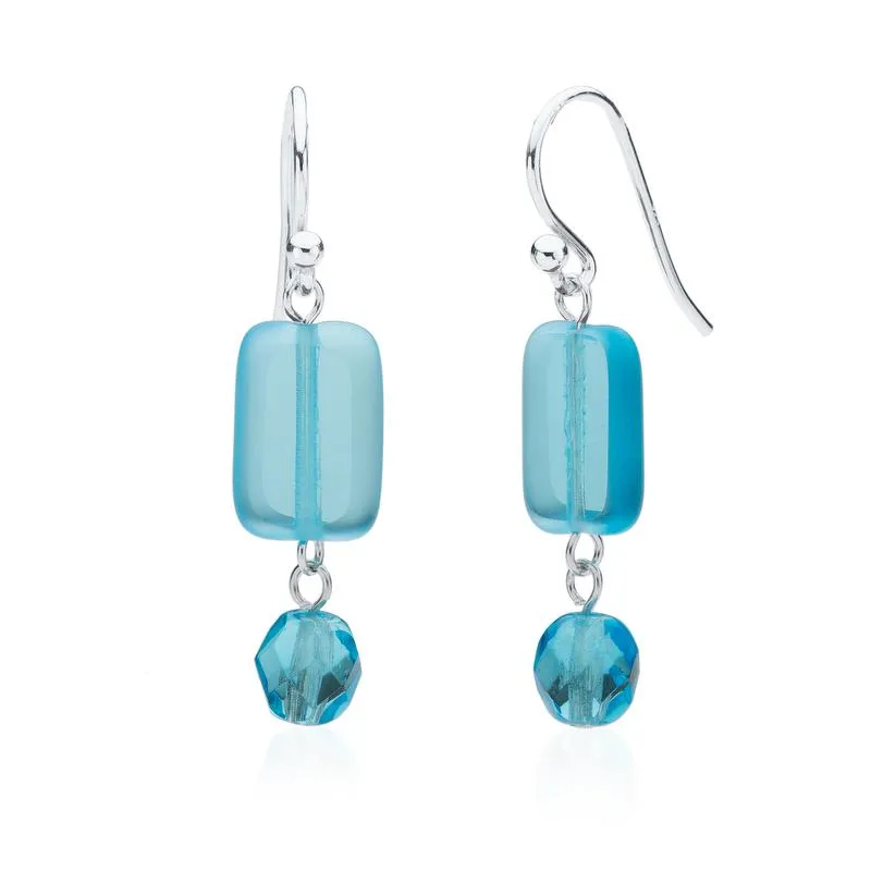 Seaglass Teal Glass Beaded Crystal Dangle Earrings