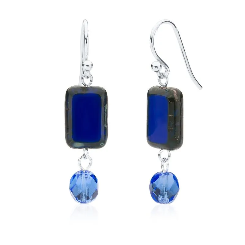Seaglass Teal Glass Beaded Crystal Dangle Earrings