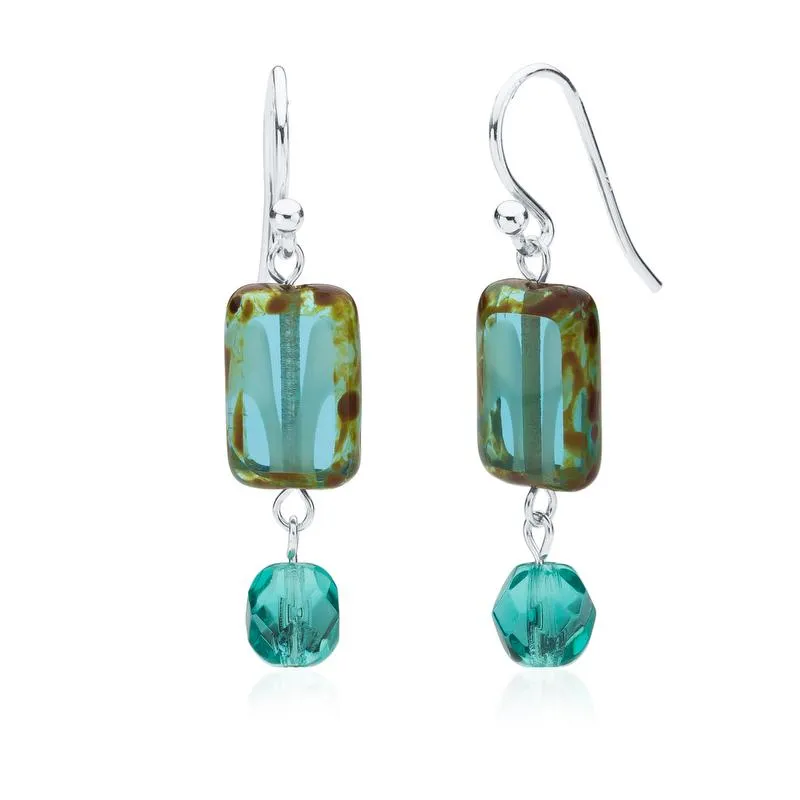 Seaglass Teal Glass Beaded Crystal Dangle Earrings