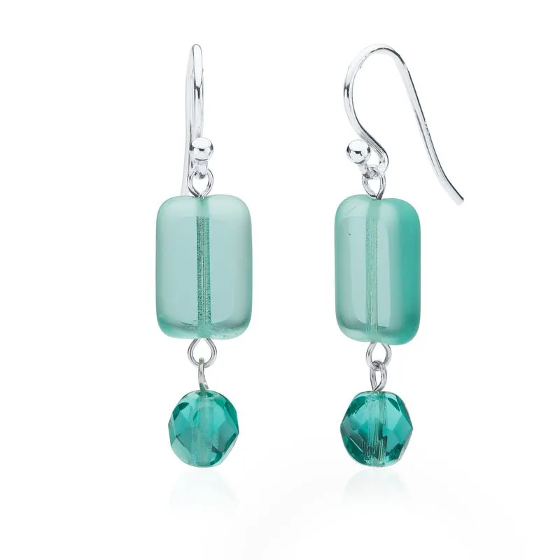 Seaglass Teal Glass Beaded Crystal Dangle Earrings