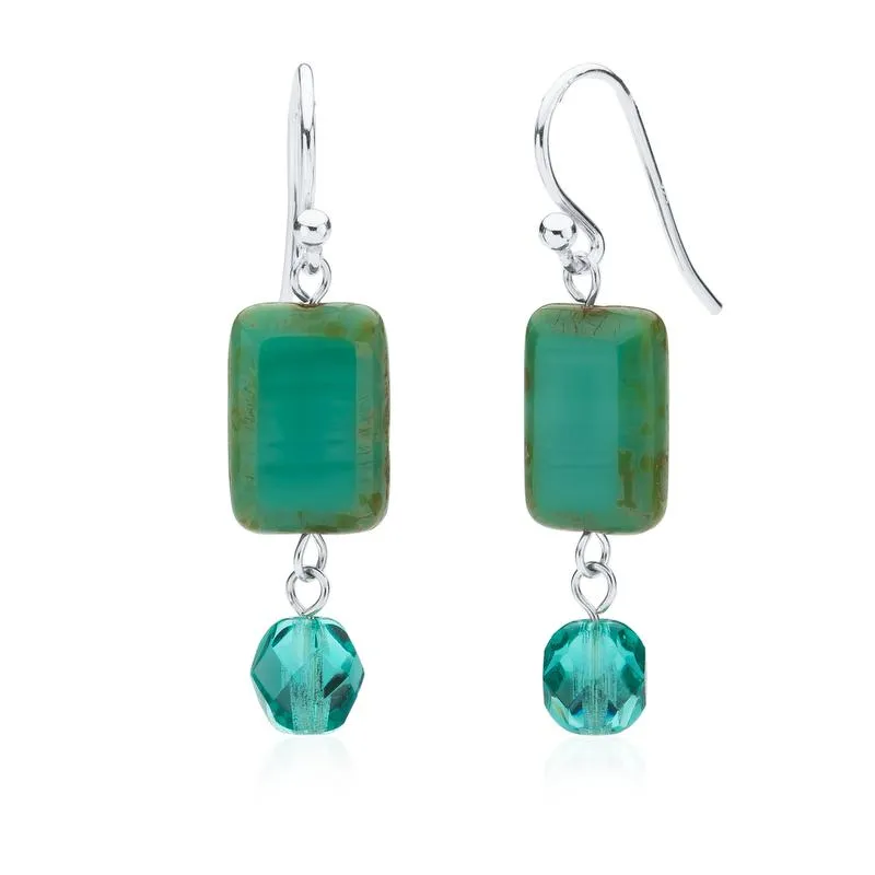 Seaglass Teal Glass Beaded Crystal Dangle Earrings