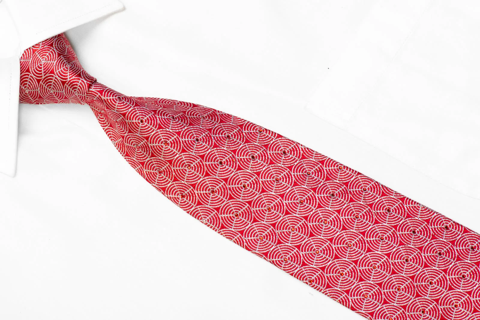 Silk Tie Silver Geometric On Red With Rhinestones & Sparkles