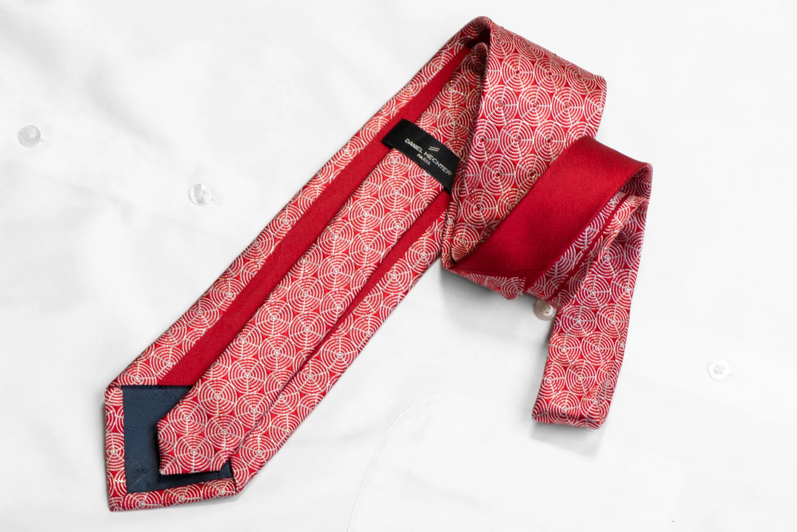 Silk Tie Silver Geometric On Red With Rhinestones & Sparkles