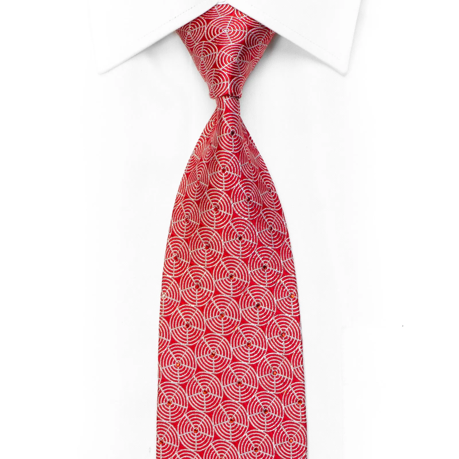 Silk Tie Silver Geometric On Red With Rhinestones & Sparkles