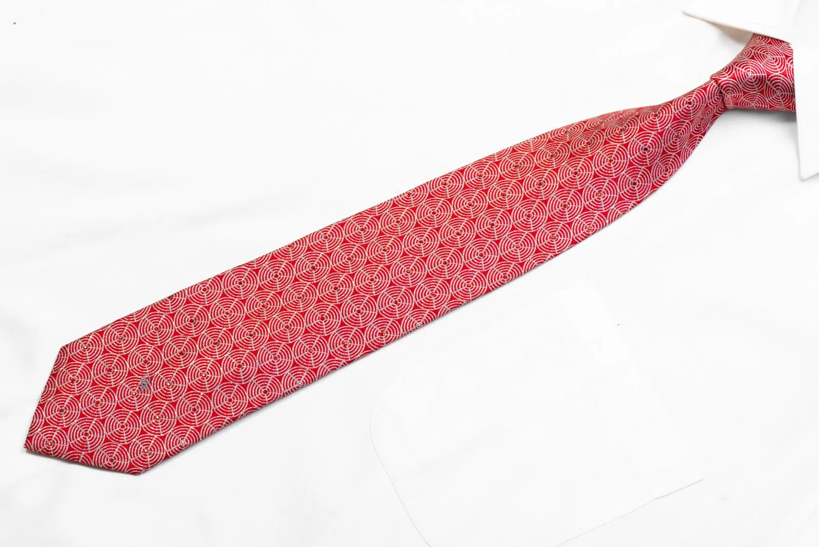 Silk Tie Silver Geometric On Red With Rhinestones & Sparkles