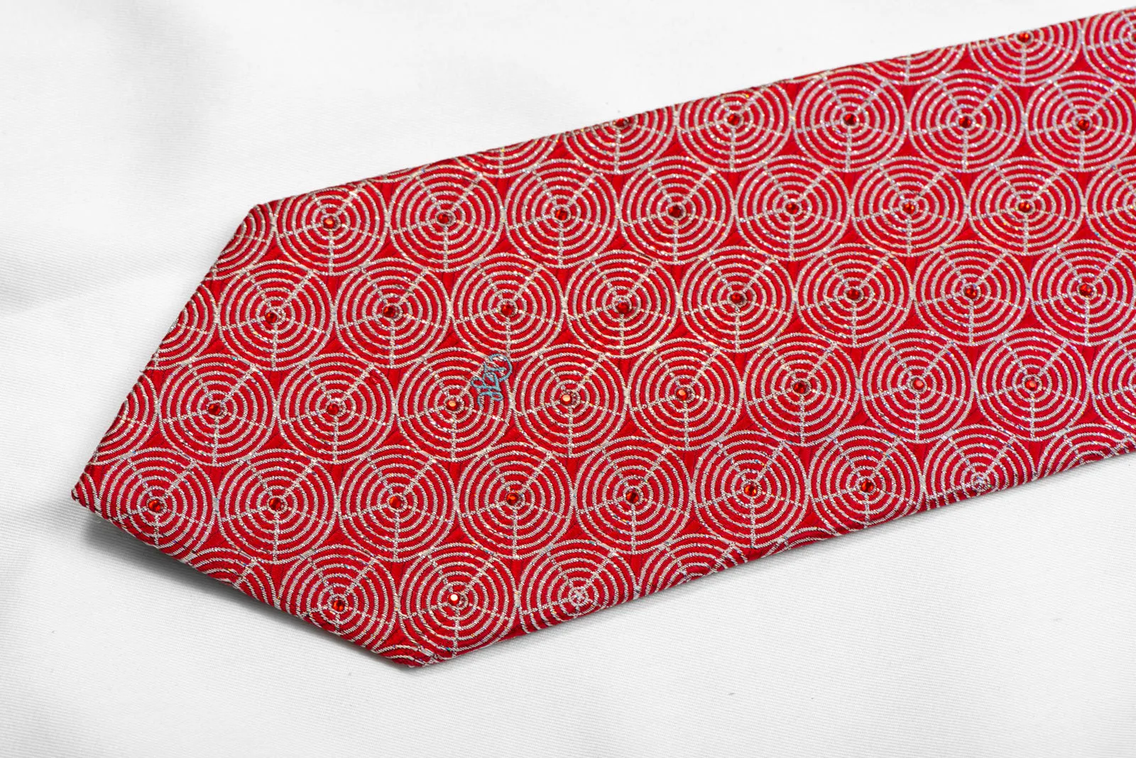 Silk Tie Silver Geometric On Red With Rhinestones & Sparkles