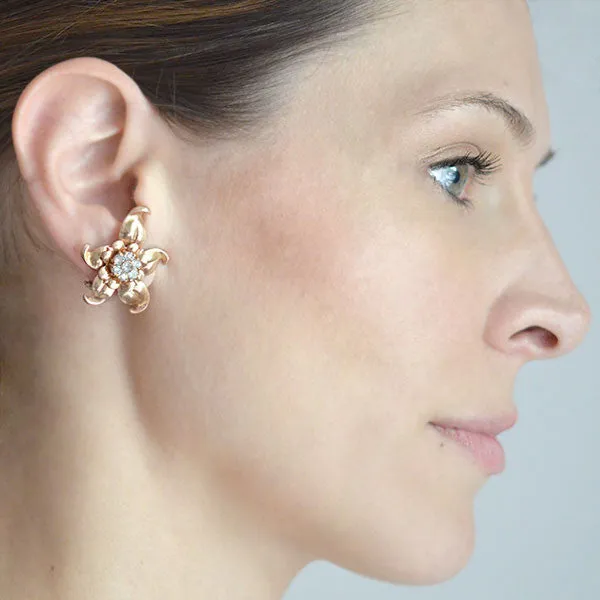 Vintage 14kt & Diamond Starfish Flower Clip Earrings