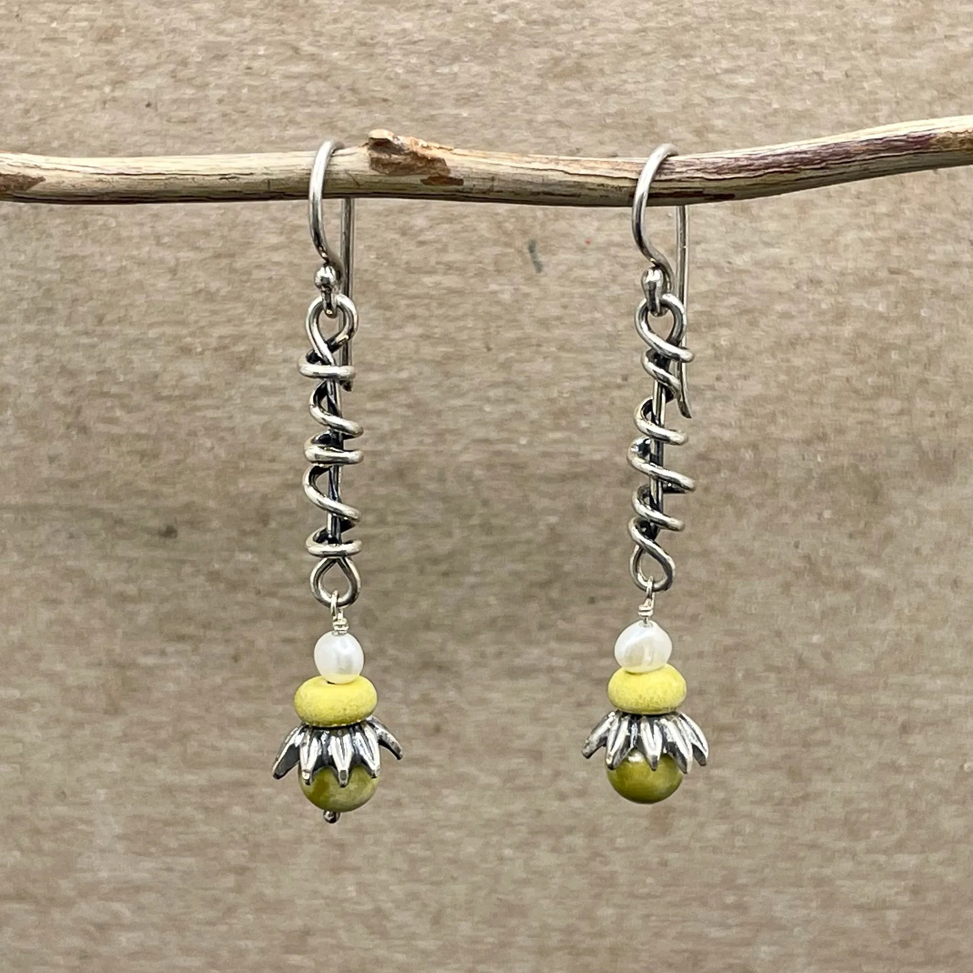 Wrapped Vine Earrings with Pearl & Green Turquoise