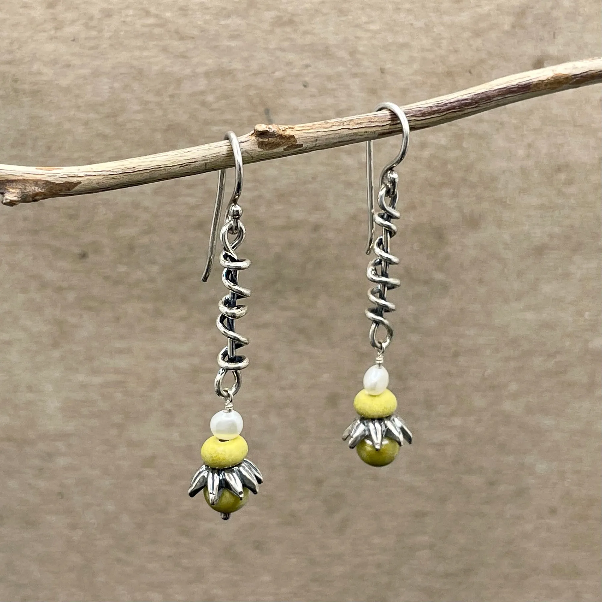Wrapped Vine Earrings with Pearl & Green Turquoise